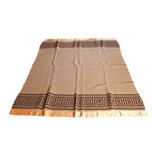 Vintage Wool Blanket With Greek Key Design & Satin Brown Cottagecore